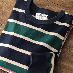 体恤 阿美咔叽日系复古重磅纯棉宽松休闲打底衫 秋季 条纹T恤男长袖