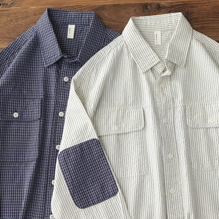 衬衣 宽松休闲慵懒格子长袖 日系复古泡泡纱竖条纹衬衫 男纯棉春秋款