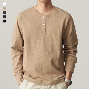 春秋上衣厚 复古纯色打底休闲亨利衫 320G重磅竹节棉长袖 T恤男美式