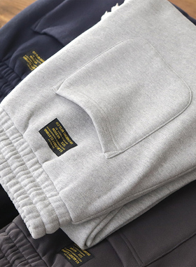 重磅卫裤男冬季加绒加厚美式复古纯棉灰色宽松直筒加长休闲运动裤