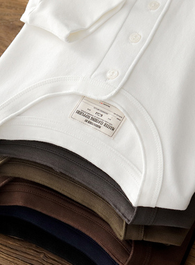 280g重磅纯棉亨利衫硬汉秋季美式复古大码阿美咔叽纯色长袖T恤男