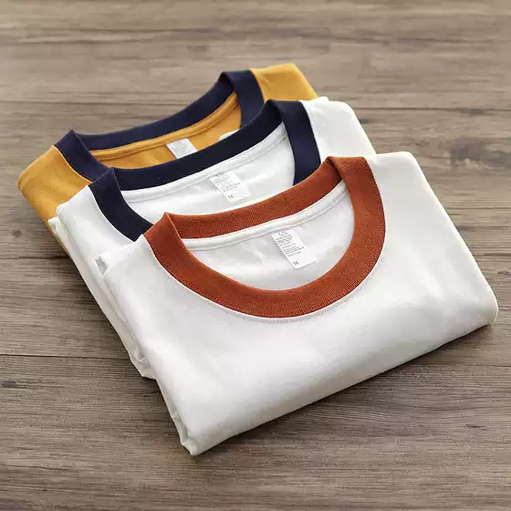 260g Heavyweight Pure Cotton T-Shirt for Men, Color-Blocked Crew Neck, American Casual Style, Vintage Short-Sleeve Tee, Ringer Tee