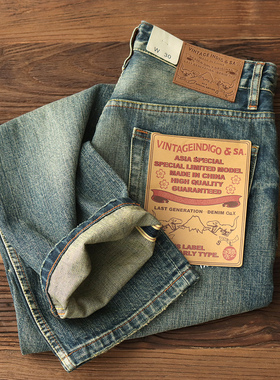 重磅赤耳直筒牛仔裤男士丹宁水洗做旧猫须美式复古宽松休闲长裤子