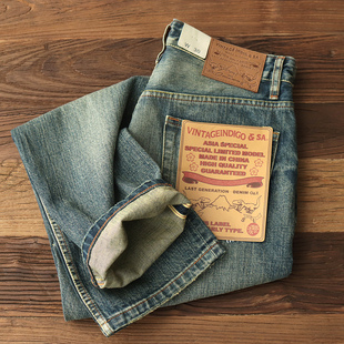 复古宽松休闲长裤 丹宁水洗做旧猫须美式 子 男士 重磅赤耳直筒牛仔裤