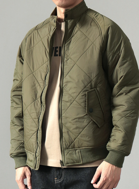 绗缝夹棉飞行员夹克男式美式复古立领黑色保暖棉衣休闲外套男秋季