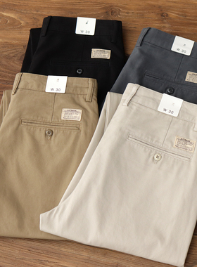 春秋直筒长裤美式休闲Chino工装复古简约米白色卡其纯棉休闲裤男