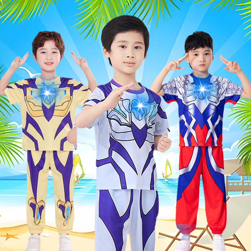 奥特曼衣服男童套装夏2025新款短袖凉感速干衣男孩发光儿童运动服