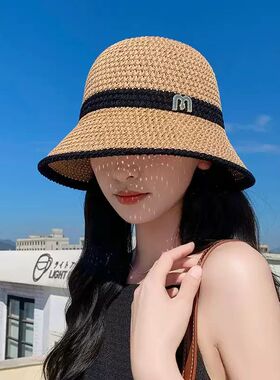 春夏户外防晒渔夫帽盆帽针织镂空可折叠遮阳帽子女网眼显脸小帽子
