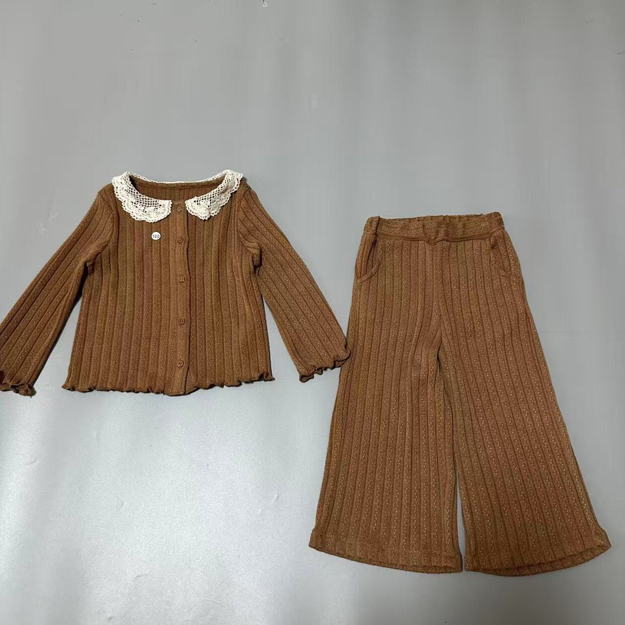 出口韩国新款女童宽版洋气款针织衫+针织裤子套装120-145