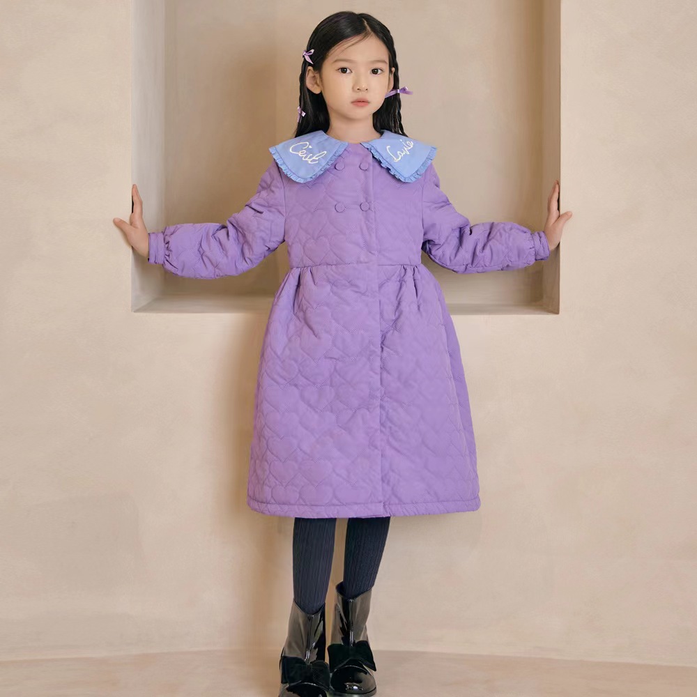 蓝狗城堡出口韩国女童中大童薄棉压格双排扣紫色刺绣翻领棉外套