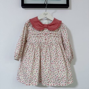 出口韩国童装女宝翻领格纹可爱碎花连衣裙80-120码