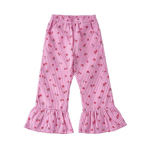 出口韩国新款女宝宝童装粉格子洋气荷叶边喇叭裤100-150