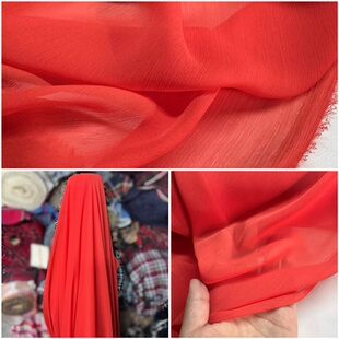 橘红色古装汉服披风轻薄雪纺纱衬衫连衣裙面料服装飘带手工乔其纱