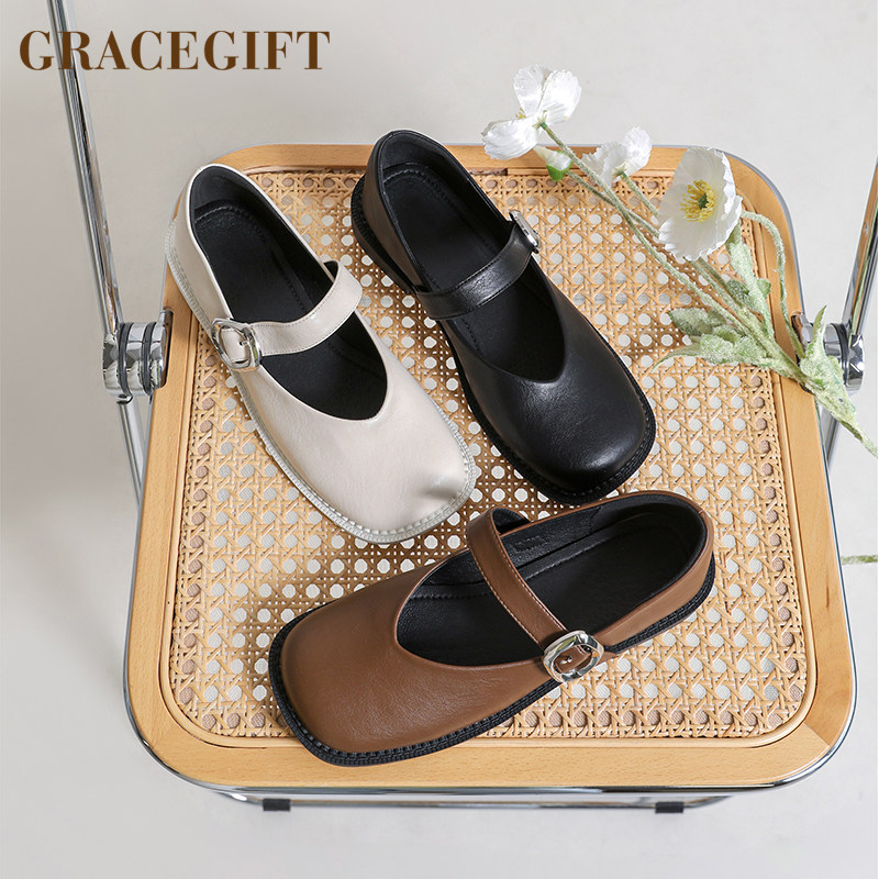 grace gift玛丽珍鞋女学院方头一字扣带粗跟单鞋小皮鞋复古女鞋
