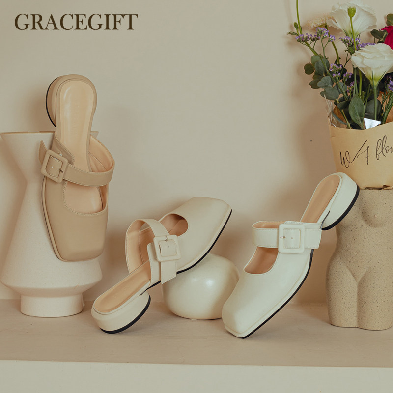 grace gift懒人半拖鞋女夏季中跟包头网红外穿凉拖鞋潮流甜美百搭