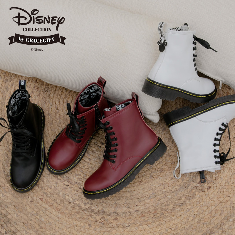 grace gift迪士尼联名马丁靴女加绒短靴侧拉链系带圆头可爱单靴女