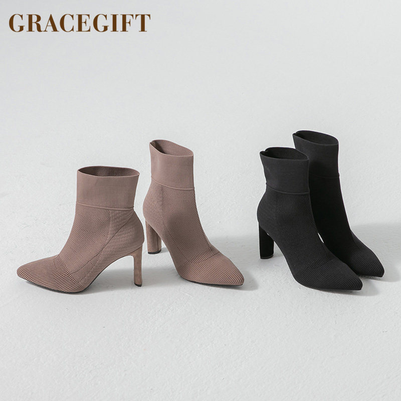 grace gift袜套靴女尖头单靴春秋弹力瘦瘦百搭欧美风高跟靴短靴女