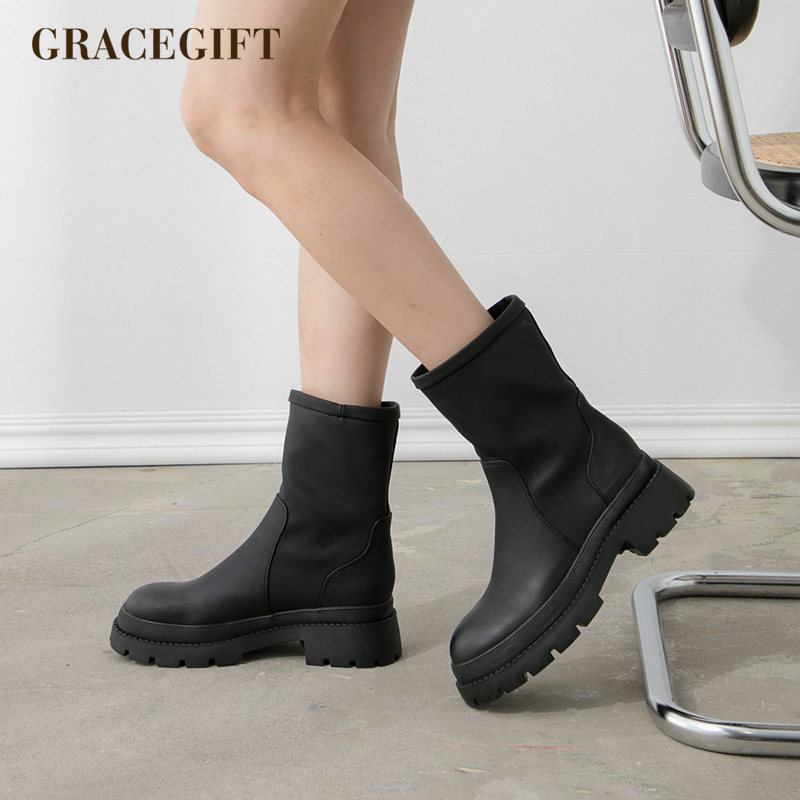 grace gift弹力靴女网红时尚百搭复古绒面圆头粗跟黑色套筒短靴子