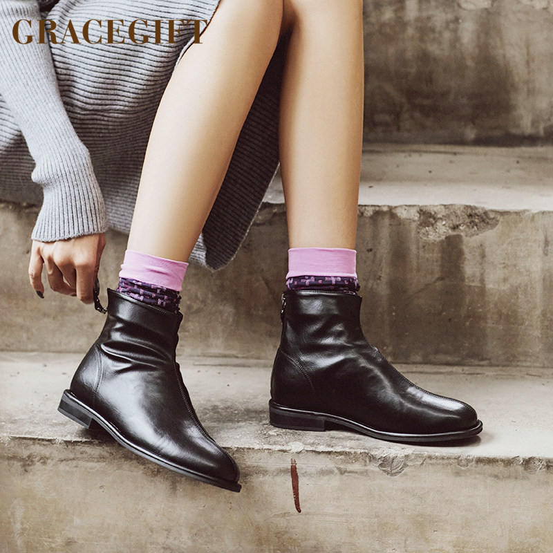 grace gift短靴女后拉链经典踝靴子简约大气秋季新品百搭单靴女靴