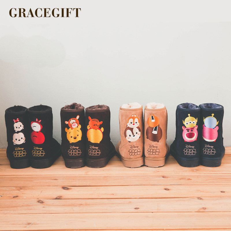 grace gift雪地靴女中筒加绒保暖保暖雪地棉鞋可爱面包鞋毛毛鞋