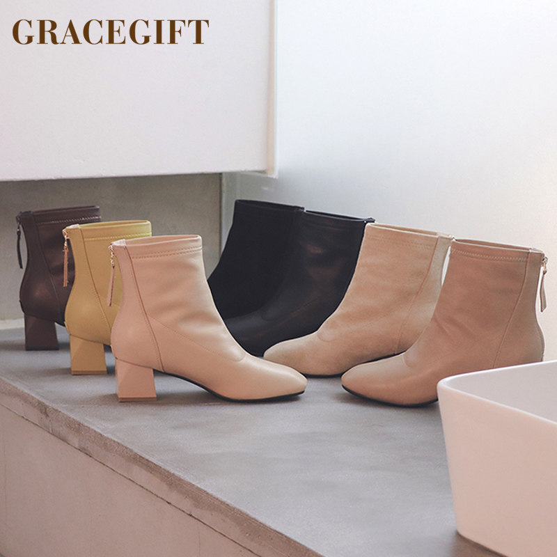 grace gift时装靴秋季新品后拉链粗跟短靴方头时尚百搭单靴女靴