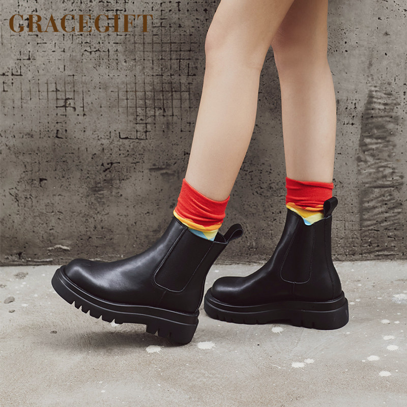 grace gift短靴女真皮厚底粗跟防滑圆头一脚蹬单靴松紧带切尔西靴