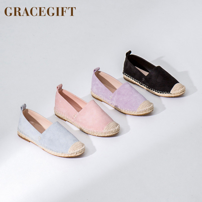 grace gift学院渔夫鞋女平底布鞋一脚蹬懒人鞋度假风休闲草编麻底