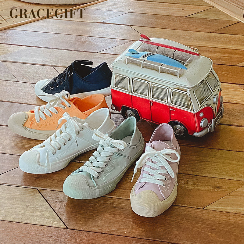 grace gift帆布鞋女休闲板鞋系带球鞋饼干鞋女两穿踩脚平底鞋低帮