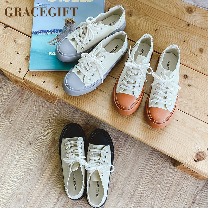 grace gift帆布鞋女低帮系带平底鞋单鞋休闲球鞋板鞋百搭小白鞋女