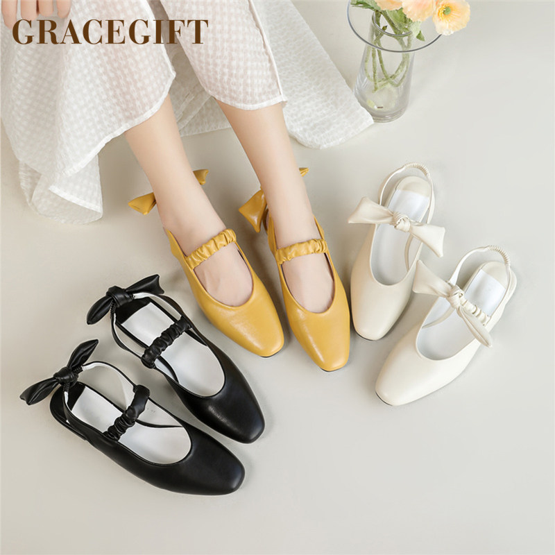 grace gift休闲单鞋女平底鞋圆尖头后空松紧带韩系甜美复古女鞋