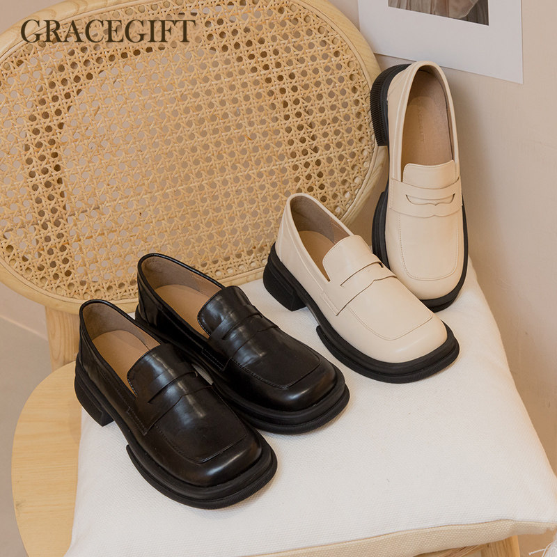 grace gift乐福鞋女复古百搭英伦风春季新款一脚蹬休闲皮面女鞋