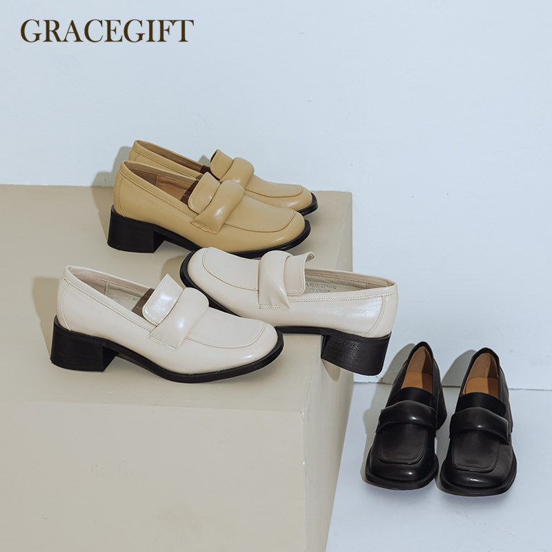 grace gift小皮鞋女粗跟微方头日常中口方跟乐福鞋复古通勤单鞋