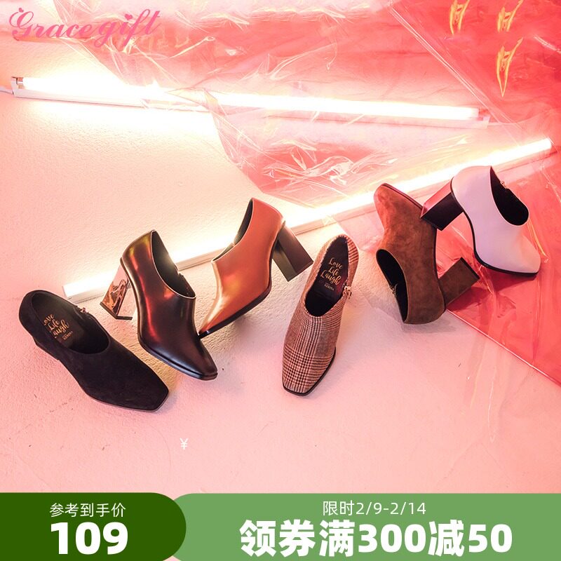 grace gift复古风小方头踝靴女高跟靴性感粗跟侧拉链5