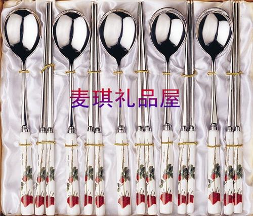 TOPMATE韩国进口餐具陶瓷柄不锈钢米饭勺汤勺实心扁筷子5P 红玫瑰