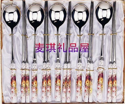 韩国进口 厨美餐具意大利玫瑰骨瓷柄18-10不锈钢吃饭勺子扁筷子5P