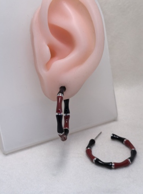 红黑色珐琅滴釉竹节C圈耳环S925银针耳钉女个性简约百搭耳饰