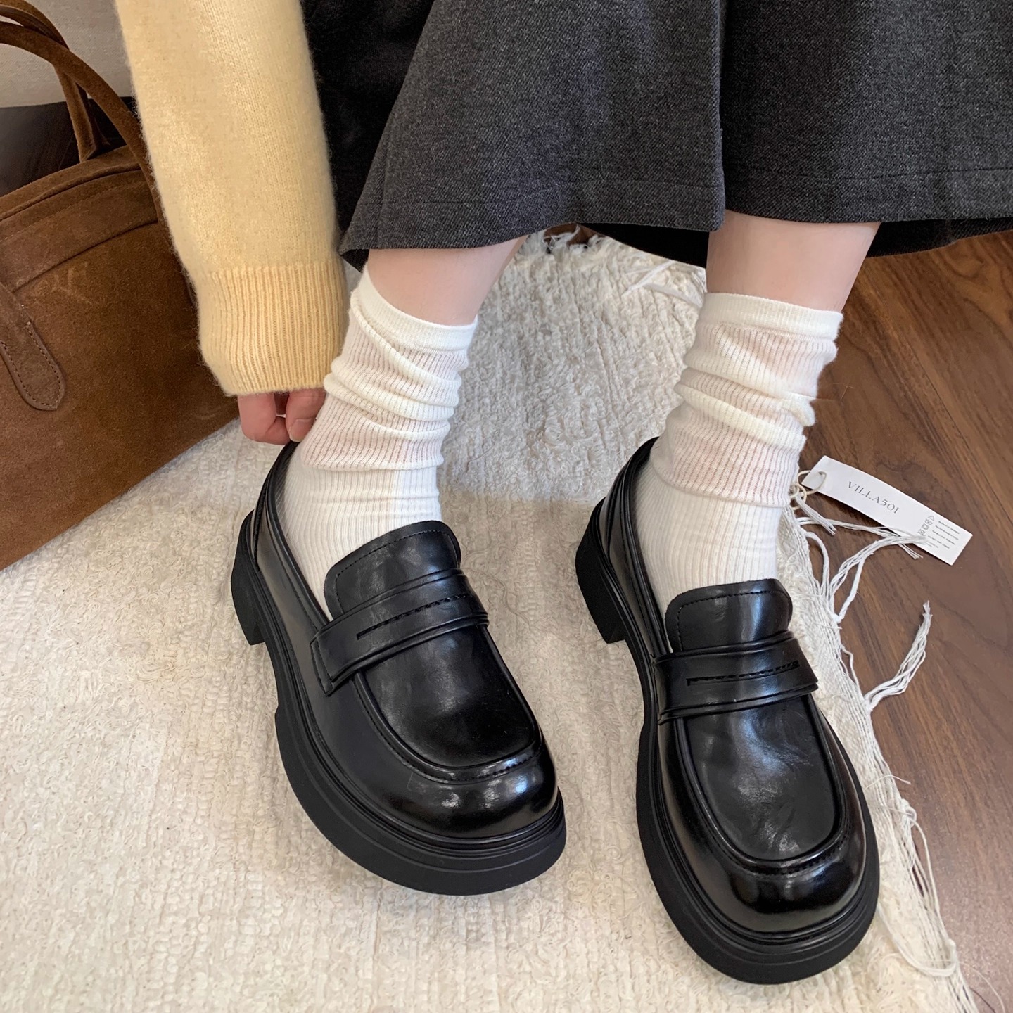 12/8 脚衫 英伦风厚底乐福鞋女圆头粗跟黑色小皮鞋