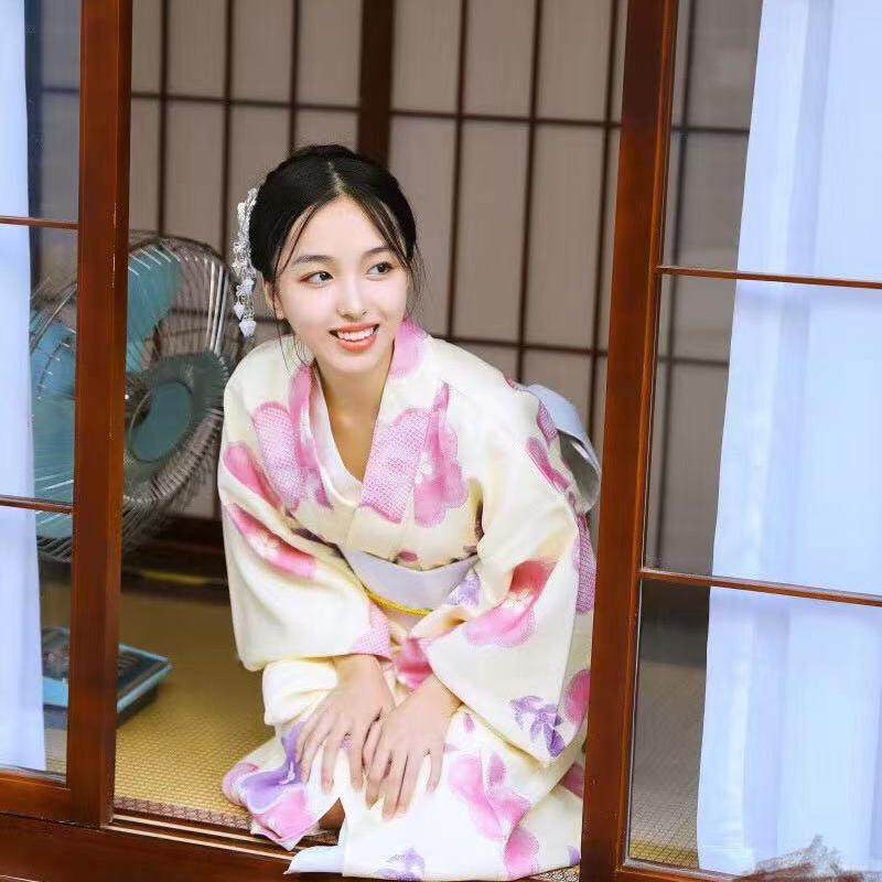 阿童沐YUKATA日本正装访问和服浴衣四季款黄樱花改良款女士连衣裙