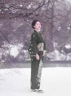 阿童沐YUKATA日本正装访问和服浴衣四季款黑白鹤改良款女士连衣裙