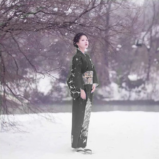 阿童沐YUKATA日本正装访问和服浴衣四季款黑白鹤改良款女士连衣裙