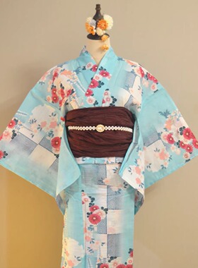 日单浴衣日本传统款和服YUKATA棉麻质地少女女士连衣裙方格藤花