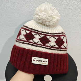 大头围咖色毛线帽子女冬季羊毛混纺针织帽毛球保暖显脸小宽松冷帽