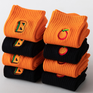 橘色袜子女潮春秋冬季 潮流橙色全棉 洋气网红款 中筒袜百搭纯棉个性