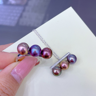 淡水三珠平衡木项链炫彩天然珍珠8-9MM纯银戒指
