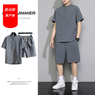 爸爸装夏装短袖T恤短裤一套男装中年父亲节衣服棉麻大码夏季套装