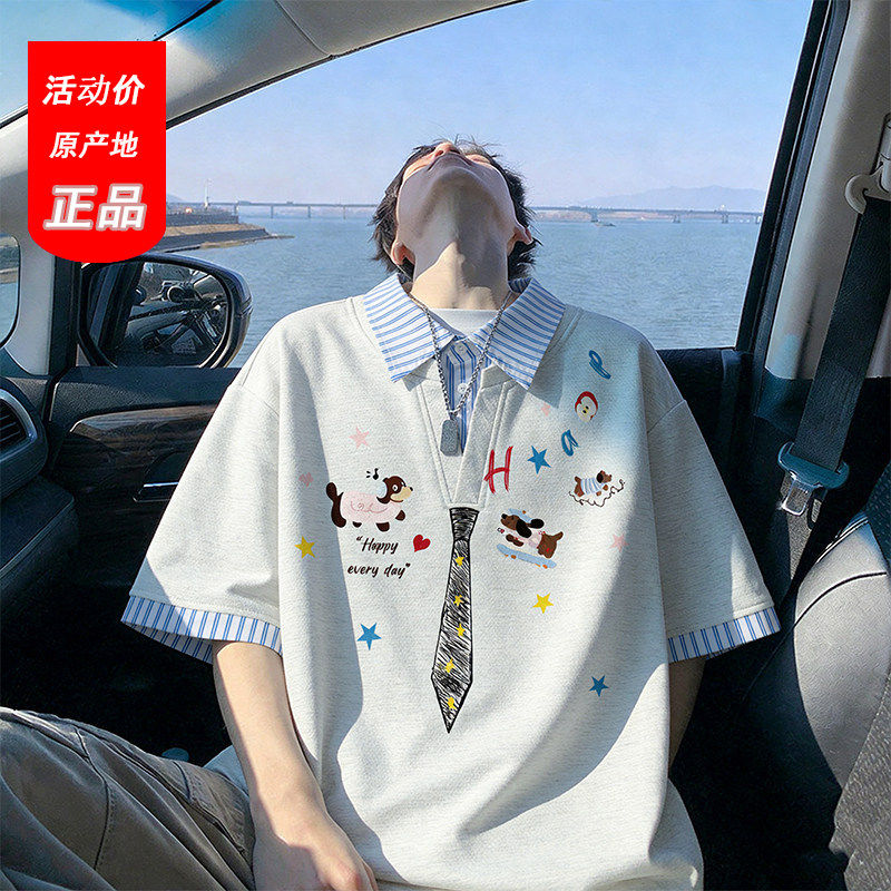 假两件涂鸦半袖POLO衫男款夏季美式学院风短袖T恤大码宽松半截袖图片