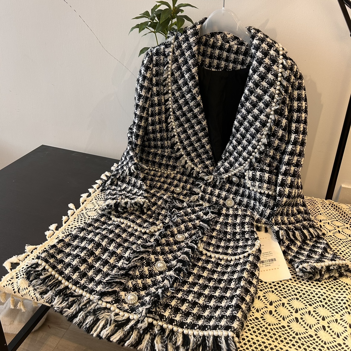 原3688 轻奢正品羊毛小香风套装 千鸟格粗花呢短外套流苏珍珠短裙