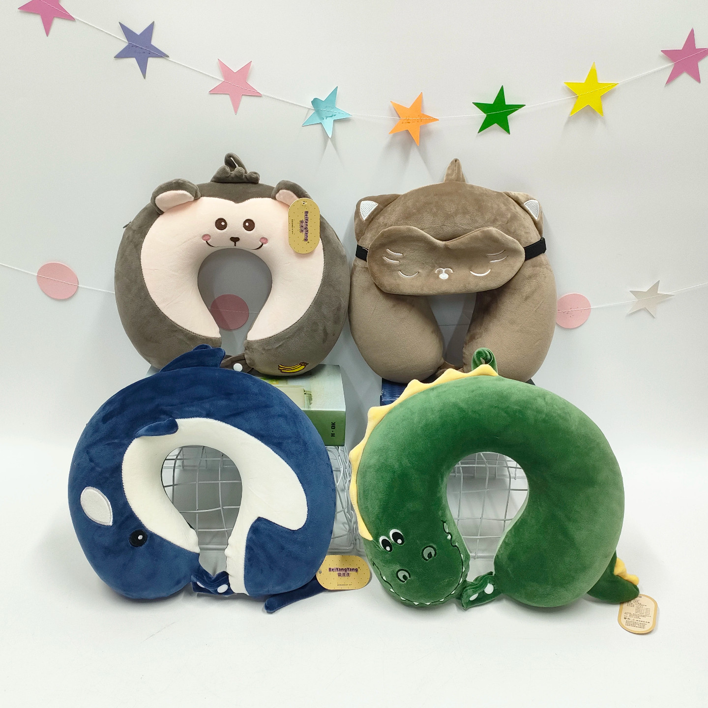创意造型动物系列公仔U型颈枕恐龙鲸鱼办公午睡猫咪眼罩套装颈枕