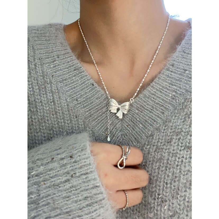 【CYM STUDIO】s925纯银拉丝镶边双扣头蝴蝶结吊坠可当胸针项链