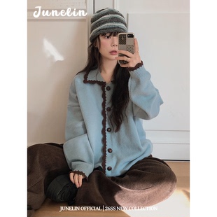 六月林 韩版日常减龄拼色花边针织开衫外套慵懒感软糯宽松百搭ins